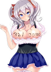 Rule 34 | 10s, 1girl, absurdres, arm behind back, blue eyes, blush, body writing, breasts, cleavage, dress, highres, kantai collection, kashima (kancolle), large breasts, long hair, looking at viewer, sankakusui, silver hair, simple background, smile, solo, thighhighs, twintails, white background, white thighhighs, writing on breasts