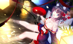 Rule 34 | :d, absurdres, animal ears, bare legs, bare shoulders, barefoot, black hair, blue eyes, breasts, cleavage, collarbone, cup, dutch angle, fang, from above, from side, hair ornament, highres, japanese clothes, kimono, lantern, large breasts, looking at viewer, niccya, obi, off shoulder, open mouth, original, paper lantern, sakazuki, sash, short hair, skin fang, smile, soaking feet, solo