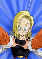 Rule 34 | 1girl, android 18, belt, blonde hair, blue background, blue eyes, bob cut, breasts, closed mouth, denim, dragon ball, dragonball z, earrings, grabbing, grabbing another&#039;s breast, groping, hoop earrings, jeans, jewelry, large breasts, looking at viewer, male hand, muten roushi, out of frame, outstretched arms, pants, pov, raglan sleeves, simple background, solo focus, standing, surprised, sweatdrop, upper body