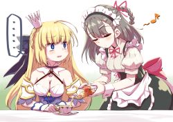 Rule 34 | ..., 2girls, apron, blonde hair, blue eyes, braid, character request, crown, cup, closed eyes, flower knight girl, halterneck, long hair, maid, maid apron, maid headdress, mini crown, mizunashi (second run), multiple girls, musical note, open mouth, teacup