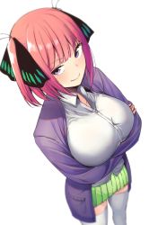 Rule 34 | 1girl, amano don, black cardigan, black ribbon, blunt bangs, breasts, butterfly hair ornament, cardigan, closed mouth, collared shirt, commentary request, crossed arms, dress shirt, from above, go-toubun no hanayome, green skirt, hair ornament, hair ribbon, highres, large breasts, looking at viewer, nakano nino, open cardigan, open clothes, pink hair, pleated skirt, purple cardigan, purple eyes, purple sweater, ribbon, shirt, simple background, skirt, smile, sweater, thighhighs, white background, white shirt