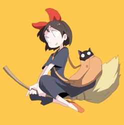 Rule 34 | 1girl, :d, bag, black cat, black dress, bow, broom, broom riding, brown hair, cat, character request, dokan (dkn), dress, full body, hair bow, jiji (majo no takkyuubin), kiki (majo no takkyuubin), majo no takkyuubin, open mouth, orange background, red bow, red footwear, shoes, short hair, short sleeves, simple background, smile, solo, studio ghibli, witch, | |