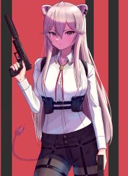 Rule 34 | 1girl, absurdres, ahoge, animal ears, black nails, black pantyhose, breasts, collared shirt, commentary, dual wielding, ear piercing, english commentary, finger on trigger, fingernails, glock, grey hair, gun, hair between eyes, handgun, highres, holding, hololive, jewelry, kieharo, large breasts, lion ears, lion girl, lion tail, long fingernails, long hair, long sleeves, looking at viewer, messy hair, nail polish, necklace, official alternate costume, pantyhose, piercing, pistol, shirt, shishiro botan, shishiro botan (button-down), shorts, sidelocks, solo, suppressor, tail, virtual youtuber, weapon, weapon request, white shirt