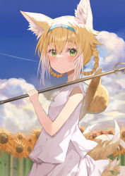 Rule 34 | 1girl, absurdres, animal ear fluff, animal ears, arknights, blonde hair, blue hairband, blue sky, braid, braided hair rings, brown headwear, closed mouth, cloud, commentary request, contrail, day, field, flower, flower field, fox ears, fox girl, fox tail, green eyes, hair between eyes, hair rings, hairband, hat, hat on back, unworn hat, unworn headwear, highres, holding, kitsune, looking at viewer, looking to the side, multicolored hair, outdoors, sky, solo, sunflower, sunflower field, sutei (arece15), suzuran (arknights), tail, twin braids, two-tone hair, white hair, yellow flower