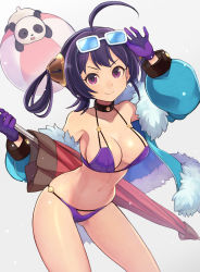 Rule 34 | &gt;:), 1girl, ahoge, arm up, armpits, azur lane, ball, bare shoulders, beach umbrella, beachball, bikini, blue-tinted eyewear, blue coat, blush, breasts, cleavage, closed mouth, coat, collarbone, commentary request, contrapposto, cowboy shot, eyewear on head, fur-trimmed coat, fur trim, gloves, gluteal fold, grey background, hair rings, hairpods, halterneck, highres, holding, large breasts, leaning forward, long hair, long sleeves, looking at viewer, navel, ning hai (azur lane), ning hai (summer hunger) (azur lane), official art, open clothes, open coat, panda, puffy long sleeves, puffy sleeves, purple bikini, purple eyes, purple gloves, purple hair, simple background, skindentation, smile, smug, solo, standing, sunglasses, swimsuit, tinted eyewear, umbrella, v-shaped eyebrows, white-framed eyewear, yuko (uc yuk)