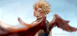 Rule 34 | 1boy, absurdres, artstation username, black shirt, blonde hair, blouse, blurry, boku no hero academia, corey murakami, costume, depth of field, ear piercing, facial hair, facial mark, feathered wings, feathers, forked eyebrows, from behind, goatee, half-closed eyes, hawks (boku no hero academia), high collar, highres, looking at viewer, male focus, piercing, red feathers, red wings, shirt, short hair, signature, skin tight, sleeveless, soft focus, solo, spread wings, striped clothes, striped shirt, stubble, thick eyebrows, tight clothes, tight shirt, upper body, wings, yellow eyes