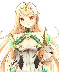 Rule 34 | 1girl, bafarin, bare shoulders, blonde hair, breasts, chest jewel, cleavage, cleavage cutout, clothing cutout, dress, earrings, elbow gloves, gem, gloves, headpiece, highres, jewelry, large breasts, long hair, mythra (xenoblade), short dress, solo, swept bangs, tiara, very long hair, white dress, white gloves, xenoblade chronicles (series), xenoblade chronicles 2, yellow eyes