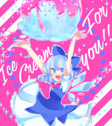 Rule 34 | 1girl, :d, arms up, blue bow, blue dress, blue eyes, blue hair, blush, bow, bowtie, cirno, collared dress, commentary request, dress, english text, fairy, food, frilled dress, frills, hair bow, ice, ice cream, ice wings, looking at viewer, one-hour drawing challenge, open mouth, pinafore dress, pink background, puffy short sleeves, puffy sleeves, ratto (mobilis 1870), red bow, red bowtie, short hair, short sleeves, sleeveless dress, smile, solo, star (symbol), starry background, striped, striped background, touhou, upper body, wing collar, wings, ||/