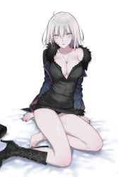 Rule 34 | 1girl, absurdres, ahoge, arm support, belt boots, black panties, unworn boot, boots, unworn boots, breasts, cleavage, collarbone, fate/grand order, fate (series), unworn footwear, fur-trimmed collar, fur trim, hair between eyes, high heel boots, high heels, highres, jeanne d&#039;arc (fate), jeanne d&#039;arc alter (avenger) (fate), jeanne d&#039;arc alter (fate), jewelry, medium breasts, nail polish, necklace, nipi27, open mouth, pale skin, panties, pantyshot, red nails, short hair, single boot, sitting, solo, thighs, underwear, white background, white hair, yellow eyes
