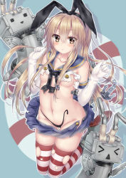 Rule 34 | &gt; &lt;, 10s, 1girl, :&lt;, anchor, anchor hair ornament, bad id, bad pixiv id, black neckerchief, blonde hair, blush, boots, breasts, brown eyes, buttons, cameltoe, chain, closed eyes, collarbone, elbow gloves, full body, gloves, hair between eyes, hair ornament, headband, highres, kantai collection, lifebuoy, long hair, looking at viewer, microskirt, navel, neckerchief, panties, rensouhou-chan, revealing clothes, robot, shadow, shimakaze (kancolle), side-tie panties, skindentation, skirt, small breasts, solo, string panties, striped clothes, striped thighhighs, swim ring, thighhighs, torn clothes, torn skirt, torn thighhighs, underwear, untied, wataru (zazazazazazawa), white gloves