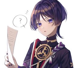 Rule 34 | 1boy, ?, angel mol, genshin impact, highres, holding, holding paper, japanese clothes, looking at viewer, male focus, nail polish, paper, parted lips, purple eyes, purple hair, scaramouche (genshin impact), simple background, solo, spoken question mark, tassel, upper body, white background
