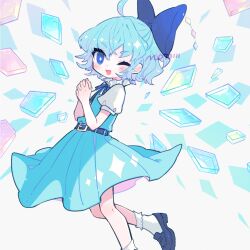 Rule 34 | 1girl, ;d, ahoge, aqua dress, artist name, belt, blue bow, blue footwear, blue hair, blue ribbon, bobby socks, bow, cirno, commentary request, crystal, dress, foot out of frame, hair bow, hands up, highres, light blue hair, looking at viewer, m (m073111), one eye closed, open mouth, own hands clasped, own hands together, puffy short sleeves, puffy sleeves, ribbon, shirt, short hair, short sleeves, smile, socks, solo, touhou, white shirt, white socks