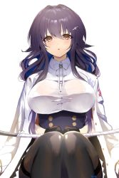 Rule 34 | 1girl, azuma (azur lane), azur lane, black gloves, black pantyhose, blush, bra visible through clothes, breasts, brown eyes, gloves, hair between eyes, hair ornament, hairclip, hoerutarou, katana, large breasts, long hair, looking at viewer, open mouth, pantyhose, purple hair, sidelocks, signature, simple background, sitting, solo, sword, thighband pantyhose, weapon, white background