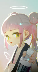 Rule 34 | 1girl, absurdres, angel, angel wings, blunt bangs, blush, bottle, clothes pull, double bun, dougi, flat chest, giving, gradient background, hair bun, halo, highres, holding, holding bottle, incoming drink, karate gi, long hair, looking at viewer, open mouth, original, pink hair, plastic bottle, pocari sweat, sidelocks, smile, solo, sweat, tianliang duohe fangdongye, twintails, uniform, upper body, wings, yellow eyes