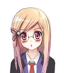Rule 34 | 10s, 1girl, blonde hair, blush, glasses, long hair, looking at viewer, majolica le fay, necktie, ookami-san, purple eyes, rennkuu, simple background, solo, upper body, white background
