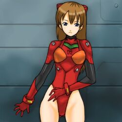 Rule 34 | 1girl, adapted costume, artist request, bodysuit, breasts, brown hair, expressionless, hair between eyes, hair ornament, highleg, highleg leotard, leotard, long hair, looking at viewer, neon genesis evangelion, pilot suit, plugsuit, red bodysuit, red leotard, shiny clothes, shiny skin, simple background, skin tight, small breasts, solo, souryuu asuka langley, two side up, very long hair