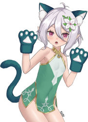 Rule 34 | 1girl, :o, animal ear fluff, animal ears, animal hands, arisku, bare shoulders, blush, breasts, cat ears, cat girl, cat tail, collarbone, commentary request, dress, flower, gloves, green gloves, grey hair, hair between eyes, hair flower, hair ornament, highres, kokkoro (princess connect!), looking at viewer, open mouth, paw gloves, pink eyes, pointy ears, princess connect!, short hair, simple background, sleeveless, sleeveless dress, small breasts, solo, tail, v-shaped eyebrows, white background, white dress, white flower