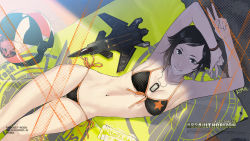 Rule 34 | 1girl, ace combat, ace combat assault horizon, aircraft, airplane, armpits, arms up, asf-x shinden ii, ball, beachball, bikini, black bikini, black hair, bottle, breasts, closed mouth, company name, copyright name, dog tags, double v, drink, dutch angle, emblem, from above, front-tie bikini top, front-tie top, groin, halftone, halterneck, highres, jet, jewelry, kei nagase, kozaki yuusuke, legs together, light smile, logo, lying, namco, navel, necklace, official art, official wallpaper, on back, parted bangs, shade, short hair, side-tie bikini bottom, signature, small breasts, solo, star (symbol), star print, string bikini, swept bangs, swimsuit, thigh gap, transparent, v, water bottle, watermark, web address, wristband