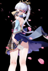 Rule 34 | 1girl, absurdres, armor, ayaka (genshin impact), black background, blue eyes, blue skirt, blunt bangs, breastplate, breasts, bridal gauntlets, clothes lift, commentary, covering privates, covering crotch, detached sleeves, english commentary, from behind, genshin impact, gong cha, hair ornament, hair ribbon, hand fan, highres, holding, kneepits, lipstick mark, long hair, looking at viewer, looking back, mole, mole under eye, no panties, petals, ponytail, red ribbon, ribbon, sidelocks, silver hair, simple background, skirt, skirt lift, small breasts, solo, standing, wind, wind lift
