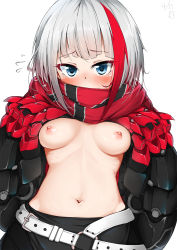 Rule 34 | 1girl, admiral graf spee (azur lane), azur lane, belt, black skirt, blue eyes, blunt bangs, blush, breasts, breasts apart, breasts out, dated, embarrassed, flying sweatdrops, gauntlets, hands on own chest, highres, looking at viewer, multicolored hair, nakareki, navel, nipples, red scarf, sanpaku, scarf, scarf over mouth, shiny skin, short hair, signature, silver hair, simple background, skirt, small breasts, solo, stomach, streaked hair, striped clothes, striped scarf, tsurime, upper body, white background
