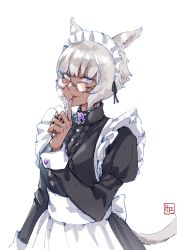 Rule 34 | 1girl, absurdres, alternate costume, animal ears, apron, black dress, cat ears, dark-skinned female, dark skin, dress, enmaided, facial mark, final fantasy, final fantasy xiv, finger to mouth, frilled apron, frills, glasses, grey eyes, highres, hjz (artemi), long sleeves, looking at viewer, maid, maid day, maid headdress, miqo&#039;te, neck tattoo, puffy long sleeves, puffy sleeves, short hair, solo, square enix, tattoo, whisker markings, white background, white hair, y&#039;shtola rhul