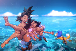Rule 34 | 4boys, ^ ^, alternate skin color, anger vein, bara, blue sky, carrying, closed eyes, couple, dark-skinned male, dark skin, dog, dragon ball, dragonball z, father and son, full body, male focus, male swimwear, mask, mouth mask, multiple boys, muscular, muscular male, ninja mask, princess carry, receding hairline, short hair, sideburns, sitting, sitting on person, sky, son goku, son goten, spiked hair, supobi, swim trunks, swimming, swimsuit, thick eyebrows, thighs, topless male, trunks (dragon ball), vegeta, wading, wet, white male swimwear, white swim trunks, yaoi