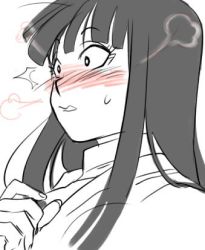 Rule 34 | 10s, 1girl, black eyes, black hair, blush, dragon ball, dragon ball super, embarrassed, fingernails, image sample, long hair, looking away, lowres, mai (dragon ball), open mouth, simple background, solo focus, sweatdrop, twitter sample, white background