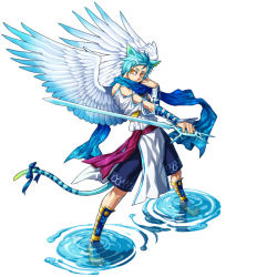 Rule 34 | 1boy, animal ears, ars goetia, blue hair, blue scarf, cat boy, cat ears, cat tail, crocell (mygrimoire), crystal sword, feathered wings, hair ornament, hairclip, ice, kyousaku, male focus, mygrimoire, original, ribbon, scarf, snowflake print, solo, sword, tail, tail ornament, tail ribbon, wading, water, weapon, white background, wings, yellow eyes