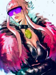 Rule 34 | 1girl, alternate costume, black feathers, blunt bangs, breasts, cleavage, covered eyes, feather boa, feathers, highres, large breasts, looking to the side, manon legrand, medal, official alternate costume, parted lips, pink feathers, pink hair, short hair, sidelocks, solo, street fighter, street fighter 6, sunglasses, white background, yohane shimizu
