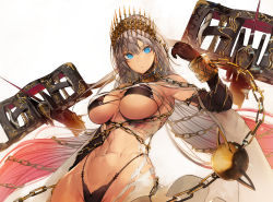 Rule 34 | 1girl, abs, ballista, bare shoulders, bikini, black bikini, black gloves, blue eyes, bow (weapon), breasts, chain, cleavage, crossbow, crown, cuffs, dark-skinned female, dark skin, elbow gloves, fate/grand order, fate (series), gloves, grey hair, highres, jewelry, large breasts, long hair, looking at viewer, muscular, muscular female, navel, neck ring, nishiide kengorou, solo, swimsuit, toned, weapon, zenobia (fate)