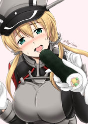 Rule 34 | 10s, 1girl, admiral (kancolle), anchor hair ornament, blonde hair, blush, breasts, ehoumaki, feeding, food, fuuma nagi, gloves, green eyes, hair ornament, hat, holding, kantai collection, large breasts, long hair, looking at viewer, makizushi, open mouth, out of frame, peaked cap, pov feeding, prinz eugen (kancolle), setsubun, sushi, sweat, twintails, upper body, white gloves