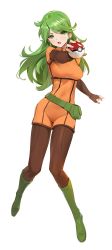 Rule 34 | 1girl, ace trainer (pokemon), bodysuit, bodysuit under clothes, boots, breasts, brown bodysuit, commentary request, covered navel, creatures (company), fanny pack, fingerless gloves, full body, game freak, gloves, green eyes, green footwear, green hair, hand up, highres, holding, holding poke ball, knee boots, long hair, long sleeves, looking at viewer, medium breasts, nintendo, open mouth, poke ball, pokemon, pokemon bdsp, simple background, skin tight, solo, white background, yd (orange maru)
