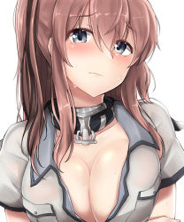 Rule 34 | 1girl, absurdres, anchor, blouse, blue eyes, blush, breast pocket, breasts, brown hair, cleavage, closed mouth, collarbone, collared shirt, embarrassed, grey shirt, hair between eyes, hair down, highres, kantai collection, kiritto, large breasts, lips, looking at viewer, open clothes, open shirt, pocket, saratoga (kancolle), saratoga mk ii (kancolle), shirt, short sleeves, sidelocks, simple background, solo, sweat, wavy mouth, white background