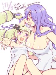 Rule 34 | 2girls, bare shoulders, blonde hair, bow, breasts, camilla (fire emblem), cleavage, elise (fire emblem), fire emblem, fire emblem fates, hair bow, hair over one eye, hand on own hip, hand on own face, hiwa kurige, large breasts, lips, long hair, looking at viewer, lying, multiple girls, naked towel, nintendo, on back, open mouth, parted lips, purple eyes, purple hair, reaching, siblings, sisters, sitting, small breasts, smile, towel, twintails