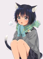 Rule 34 | 1girl, :o, animal ear fluff, animal ears, bad id, bad pixiv id, bare legs, black sailor collar, black skirt, blue hair, blue mittens, blue scarf, blush, bob cut, breath, cat ears, cat girl, cat tail, commentary request, feet out of frame, fringe trim, grey background, grey eyes, grey sweater, konayama kata, looking at viewer, miniskirt, mittens, open mouth, original, own hands together, plaid, plaid scarf, revision, sailor collar, scarf, school uniform, short hair, simple background, skirt, solo, squatting, sweater, tail, tail raised