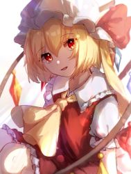 Rule 34 | 1girl, blonde hair, bow, collar, crystal, dress, eyes visible through hair, flandre scarlet, hair between eyes, hat, hat ribbon, highres, holding, jewelry, light, looking at viewer, mob cap, mozuno (mozya 7), multicolored wings, open mouth, ponytail, puffy short sleeves, puffy sleeves, red bow, red dress, red eyes, red ribbon, ribbon, shadow, short hair, short sleeves, simple background, sitting, smile, solo, touhou, white background, white hat, white sleeves, wings, yellow neckwear