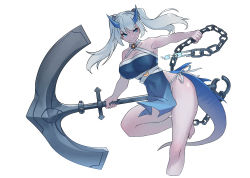 Rule 34 | 1girl, absurdres, anchor, bare shoulders, blue eyes, blue horns, breasts, chain, closed mouth, collarbone, covered navel, elatius the anchorwielder, grey hair, highres, holding, holding anchor, holding chain, holding weapon, horns, large breasts, long hair, pixiv fantasia, pixiv fantasia revenge of the darkness, simple background, smile, solo, tail, twintails, uusquid, water, weapon, white background