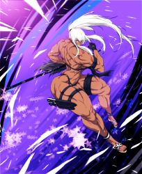 Rule 34 | 1girl, abs, female focus, fingerless gloves, gloves, highres, jin-jin, muscular, muscular female, original, pointy ears, ponytail, solo, tagme, thick thighs, thighs, white hair