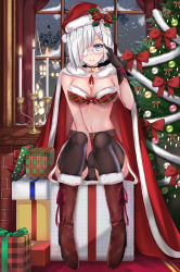 Rule 34 | 1girl, bell, belt, between legs, black choker, black gloves, black pantyhose, blue eyes, blush, boots, bow, breasts, brown pantyhose, candle, cape, choker, christmas, christmas lights, christmas ornaments, christmas tree, fire, fire, full body, gift, glasses, gloves, hair ornament, hair over one eye, hairclip, hamakaze (kancolle), hand between legs, hand up, hat, hat bow, highres, indoors, kantai collection, looking at viewer, medium breasts, merry christmas, muka tsuku, navel, ornament, pantyhose, red bow, red cape, red skirt, santa hat, sitting, skirt, smile, solo, white hair, window