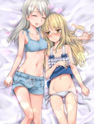 Rule 34 | 2girls, aohashi ame, blush, breasts, brown eyes, cleavage, crop top, eila ilmatar juutilainen, closed eyes, glasses, gluteal fold, heart, light brown hair, long hair, lying, medium breasts, midriff, multiple girls, navel, on back, panties, perrine h. clostermann, shorts, side-tie panties, silver hair, sleeping, small breasts, strike witches, tank top, underwear, white panties, world witches series, yuri