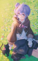 Rule 34 | 1girl, ahoge, animal, black cat, black footwear, black jacket, black ribbon, blue eyes, blue flower, blush, capelet, cat, closed mouth, commentary request, dress, elsword, field, flower, flower field, flower in mouth, glasses, gloves, grass, hair between eyes, hair ribbon, highres, hood, hood down, hooded capelet, jacket, unworn jacket, lium, long sleeves, looking at another, looking to the side, outdoors, partially fingerless gloves, pink flower, ponytail, purple hair, resolution mismatch, ribbon, short hair, side ponytail, sidelocks, sitting, source larger, white dress, white flower, white gloves, yuria (elsword)