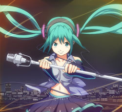 Rule 34 | 1girl, aqua eyes, aqua hair, detached sleeves, female focus, hatsune miku, long hair, microphone, microphone stand, necktie, outdoors, skirt, sky, smile, solo, tomitayaki, twintails, vocaloid
