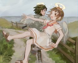 Rule 34 | 2girls, angel wings, arm up, bad id, bad tumblr id, black hair, blue sky, blush, brown eyes, brown footwear, brown hair, celry, chromatic aberration, d:, dated commentary, day, dirt road, dress, falling, feathered wings, fence, floating hair, flying sweatdrops, from behind, full body, furrowed brow, grass, haibane renmei, halo, hand up, high collar, highres, hill, kana (haibane), leg up, looking at another, looking away, looking back, motor vehicle, multiple girls, multiple riders, muted color, neckerchief, ocean, open mouth, outdoors, outstretched arm, path, profile, rakka (haibane), red neckerchief, red sailor collar, road, round teeth, rural, sailor collar, sailor dress, sandals, short hair, short sleeves, sidesaddle, sitting, sky, sweat, teeth, upper teeth only, water, white dress, wings, wooden fence