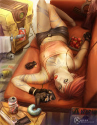 Rule 34 | 1girl, andrew hibner, belt, borderlands (series), box, chaps, claptrap, controller, couch, doughnut, fingerless gloves, food, fruit, game console, gloves, gun, heart, lilith (borderlands), red hair, short hair, shorts, soda, solo, strawberry, tattoo, towel, weapon, yellow eyes