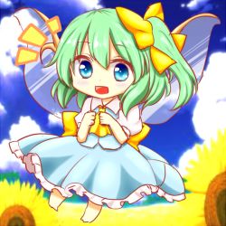 Rule 34 | 1girl, :d, ascot, barefoot, blue eyes, blush, bow, chibi, cloud, cloudy sky, commentary request, daiyousei, day, fairy wings, floating, flower, frilled skirt, frills, full body, green hair, hair bow, hands on own chest, lem r scarlet, looking at viewer, open mouth, outdoors, puffy short sleeves, puffy sleeves, ribbon, short hair, short sleeves, side ponytail, skirt, skirt set, sky, smile, solo, sunflower, touhou, vest, wings, yellow ribbon
