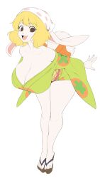 Rule 34 | 1girl, absurdres, animal ears, blonde hair, breasts, brown eyes, carrot (one piece), cervina, cleavage, green kimono, highres, huge breasts, japanese clothes, kimono, looking at viewer, one piece, rabbit ears, rabbit girl, rabbit tail, sandals, short hair, simple background, solo, tail, white background