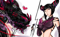 Rule 34 | 2girls, bayonetta, bayonetta (series), bayonetta 1, black hair, blossomppg, capcom, chinese clothes, crossover, detached sleeves, dragon, drill hair, dudou, elbow gloves, fingerless gloves, gloves, gomorrah (bayonetta), halterneck, halterneck, han juri, heart, horns, imminent kiss, lips, long hair, multiple girls, navel, one eye closed, pink eyes, puckered lips, size difference, street fighter, street fighter iv (series), sweatdrop, twin drills, very long hair, wink