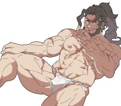 Rule 34 | 1boy, abs, bara, beard, brown eyes, brown hair, bulge, collarbone, facial hair, fundoshi, granblue fantasy, japanese clothes, jin (granblue fantasy), large pectorals, long hair, looking at viewer, male focus, male underwear, manly, muscular, nipples, pectorals, ponytail, rybiok, scar, solo, thick thighs, thighs, topless male, underwear, white male underwear