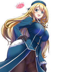 Rule 34 | 1girl, :d, atago (kancolle), beret, black gloves, black pantyhose, blonde hair, blue hat, blue jacket, blue skirt, blush, breasts, cowboy shot, dated, frilled sleeves, frills, from below, gloves, hand on own hip, hat, highres, jacket, kantai collection, large breasts, long hair, long sleeves, looking at viewer, looking down, military, military jacket, military uniform, moke ro, open mouth, panties, panties under pantyhose, pantyhose, simple background, skirt, smile, solo, straight hair, thighband pantyhose, underwear, uniform, very long hair, white background