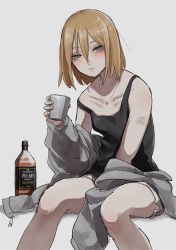 Rule 34 | 1girl, alcohol, black tank top, blush, bottle, commentary request, cup, cuts, grey background, grey eyes, grey jacket, hair between eyes, half-closed eyes, highres, holding, holding cup, injury, invisible chair, jacket, jewelry, light brown hair, looking at viewer, mole, mole under eye, necklace, open clothes, open jacket, original, scar, self-harm, short hair, simple background, sitting, solo, tabao, tank top, whiskey